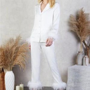 NADINE MERABI White Feather Trim Pajama Set